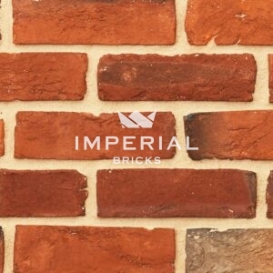 Regency Chesham Multi bricks shown in a wall. The bricks are a blend of oranges and reds with some over burns throughout. Zoomed in to show detail and texture.